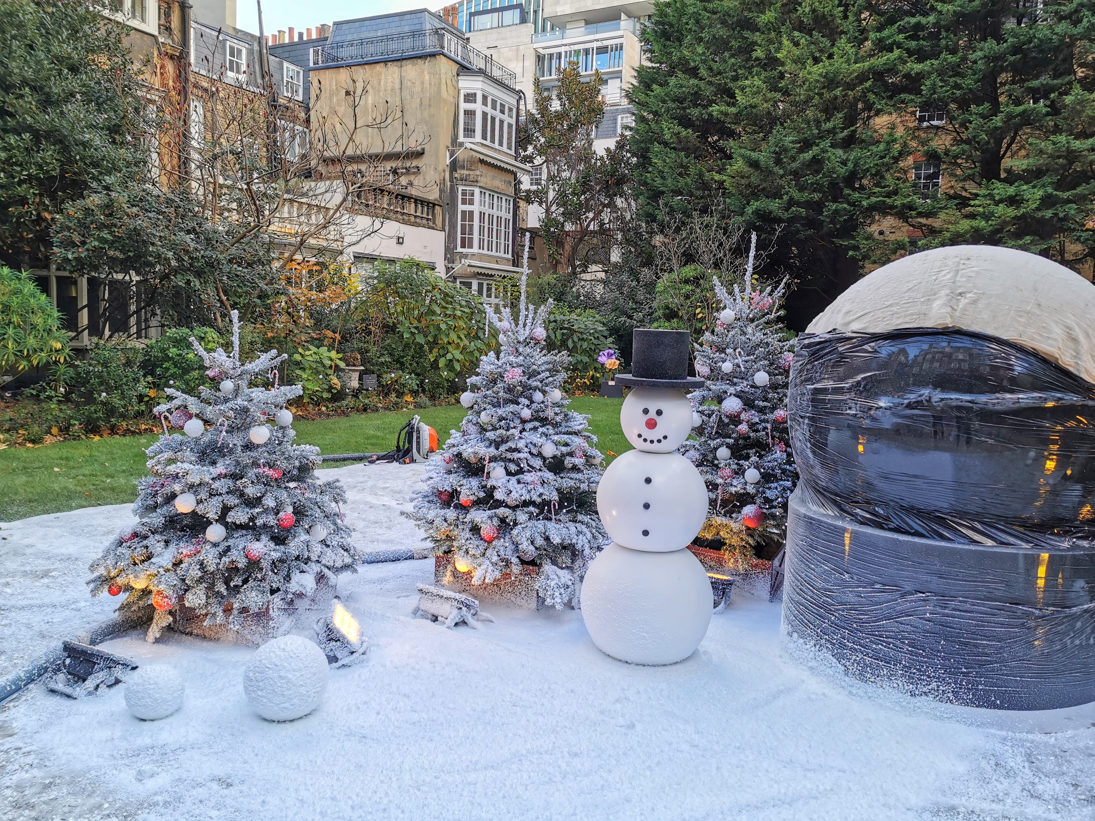 London studio snow scene with Christmas trees